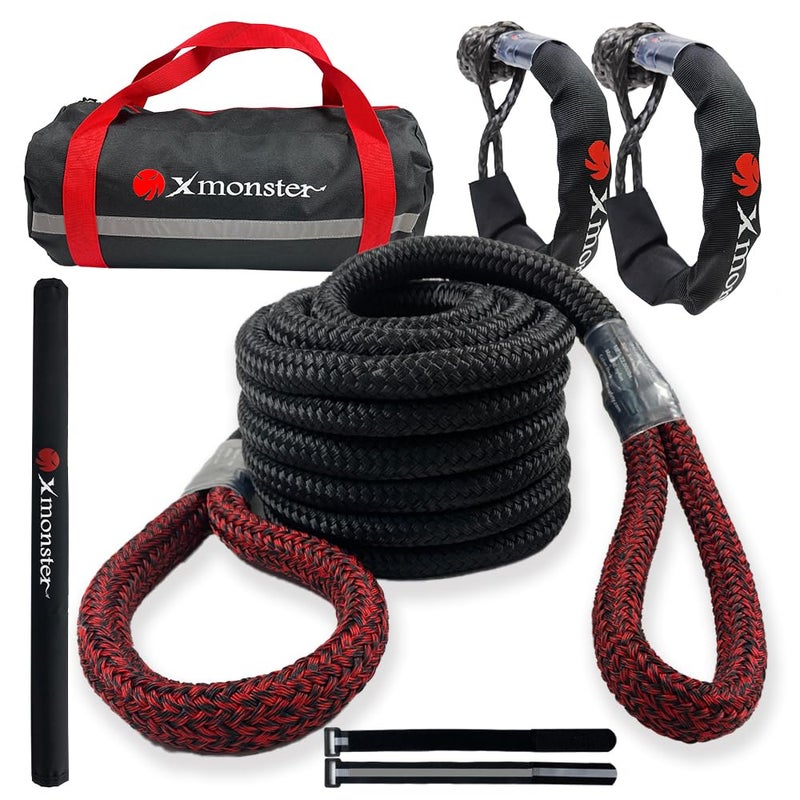 X MONSTER Kinetic Recovery Tow Rope Snatch Rope Strap3/4 x 20' (MBS 22,000 lbs) and 2 Soft Shackles (35,000bs), Free Durable Handbag Offroad Recovery Kits - Image 1
